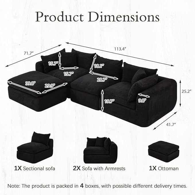 AVAWING 113 Modular Sectional Sofa Modern L Shaped Cloud Couch with Deep Seat &amp Ottoman Soft Boneless Sofa with Chaise for Living Room &amp Bedroom No Assembly Needed (Black)