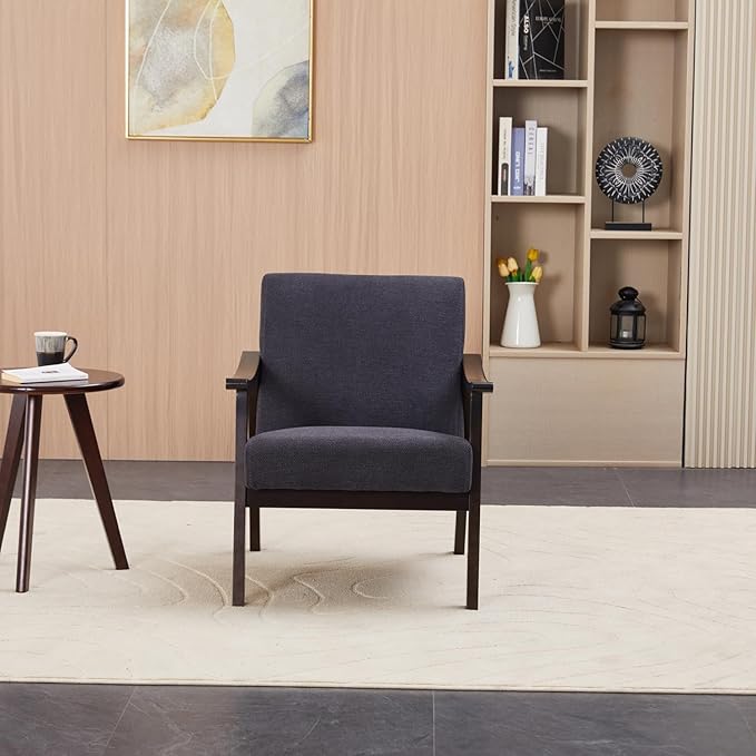 Mid-Century Modern Accent Chair Modern Armchair with High Back Upholstered Armchair with Solid Wood Legs Leisure Lounge Reading Chair for Living Room or Bedroom (Antique Black)