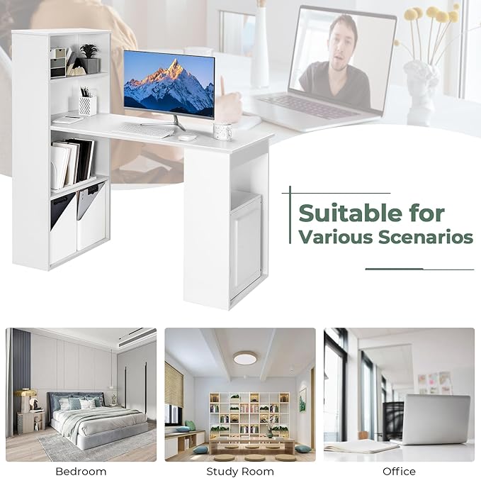 GRAFFY Computer Desk with 6 Storage Shelves - 48 Reversible Writing Desk Workstation with Bookshelf and CPU Stand Modern Compact Office Desk for Bedroom Study Home Office (White)