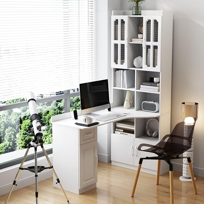 L-Shaped Corner Computer Desk with Hutch Home Office Desk with Storage Shelves Bookcase Cabinet &amp Drawer for Study Room Large Working Space Computer Table for Small Space