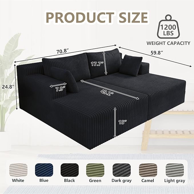 70.8 Oversized Boneless Double Chaise Lounge Chair Indoor Upholstered Corduroy Cloud Chaise Lounges with 4 Pillows Modern Deep Seat Loveseat Sleeper Sofa for Living Room Bedroom Apartment Black