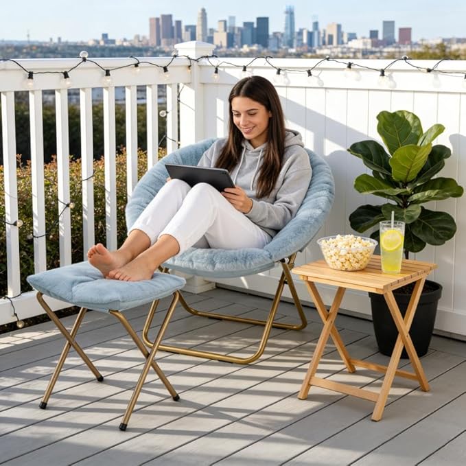 Magshion Folding Saucer Chair for Adults with Ottoman Circle Reading Chair for Bedroom Living Room &amp Dorm Furry Comfy Accent Seat with Metal Leg &amp Thick Padded for Small Spaces (Blue 1 Pac