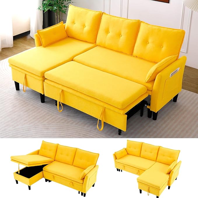 78 L-Shaped Sleeper Sofa Bed Couch 3-Seater Reversible Pull Out Couch Bed with Storage Chaise Lounge Cotton-Linen Pullout Sofabed Sectional Couches for Living Room Apartment Yellow