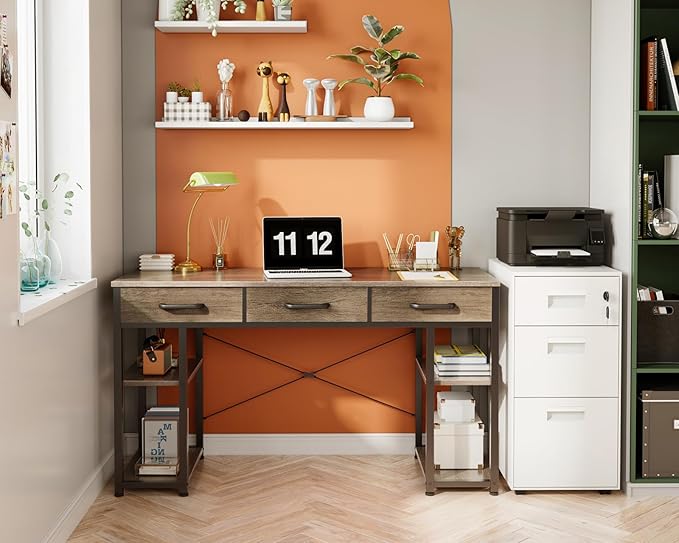 ODK Office Small Computer Desk: Home Table with Fabric Drawers &amp Storage Shelves Modern Writing Desk Grey Oak 48x16