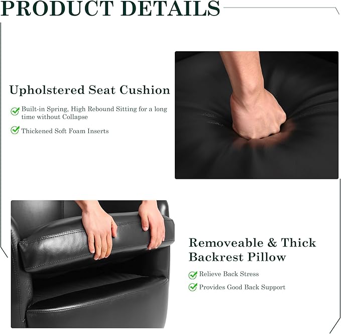 UIXE Leather Swivel Barrel Accent Chairs Set of 2 Comfy Round Faux Leather Armchair Reading Chair for Living Room Barrel Club Chairs Bedroom Black