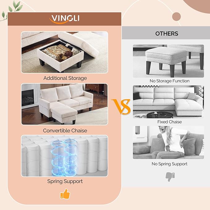 VINGLI 68.5' L Shaped Couch with Movable Storage Ottoman Convertible Sectional Sofa in Soft Corduroy Fabric Modern Reversible Chaise Couch for Small Spaces Apartment Living RoomCream White