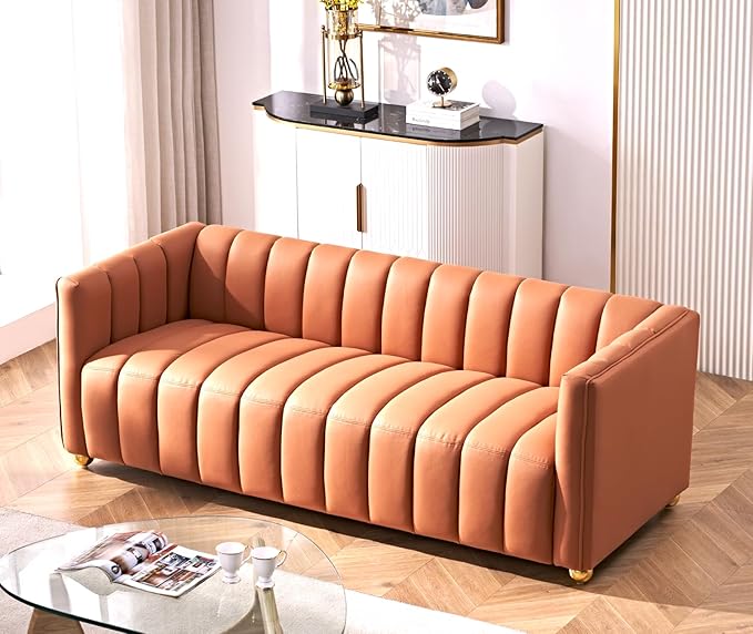 Direct Glam Fabric Upholstered Solid Wood Frame 82.7 Art Deco Sofa for Living Room Office Sophisticated 3 Seater Couch Orange