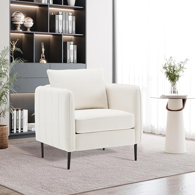 Modern Velvet Accent Chair Single Sofa Chairs Armchair with Square Arm Upholstered Accent Chairs for Living Room Bedroom Apartment (Beige Chair)