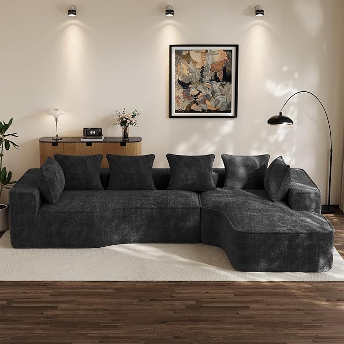 134'' Cloud Couch Modular Sectional Sofa Comfy L Shaped Couches for Living Room Fluffy Chenille 5 Seater Boneless Couch with Oversized Chaise &amp Deep Seat No Assembly Required(Black)