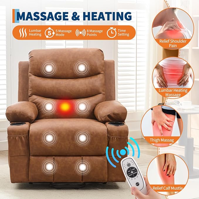 Garvee Power Lift Recliner Chair Oversized Electric Recliners for Elderly With Heat and Massage Home Theater Seat With 2 Cup Holders Side Electric Glider Reclining Single Sofa Chair for Living Room