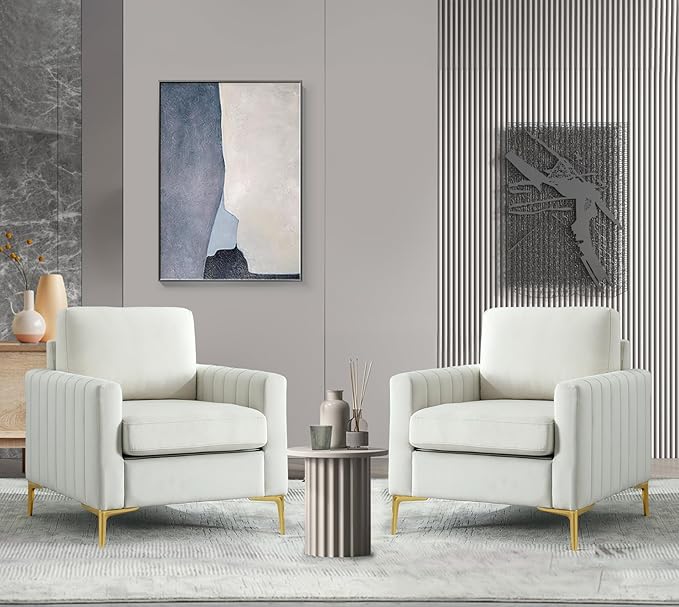 Modern Velvet Accent Chair Set of 2 Comfy Living Room Armchair with Thick Cushion Upholstered Reading Armchair Mid Century Sofa Chair with Gold Legs Side Chair for Bedroom Office Club Beige