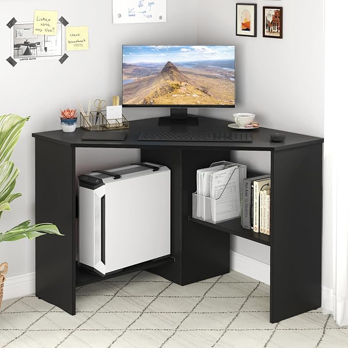 NAFORT Triangular Corner Desk with Storage Shelves and Cable Holes Space Saving Writing Desk Multi Functional Workstation for Home Office Bedroom PC Laptop Computer Table Black