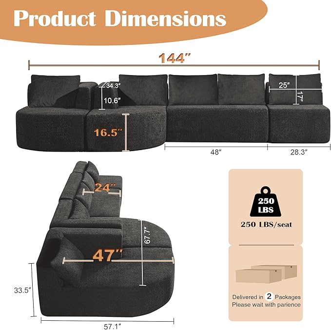 144 Boneless Couches for Living Room Modern U Shaped Sectional Couch with Chaise Lounge Comfy Deep Seat Cloud Sofa No Assembly Required (Dark Grey)