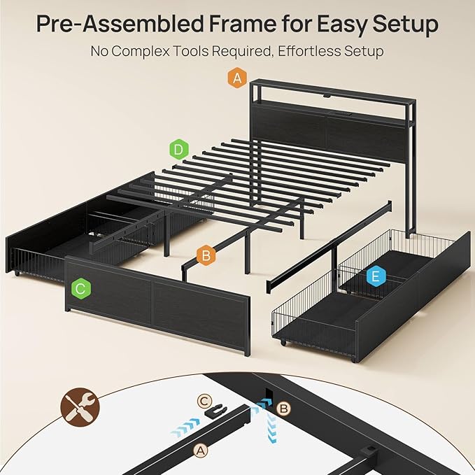 Rolanstar Twin Bed Frame with 4 Storage Drawers Charging Station and LED Lights Metal Platform Bed with 2-Tier Storage Headboard No Box Spring Needed Easy Assembly Noise-Free Black
