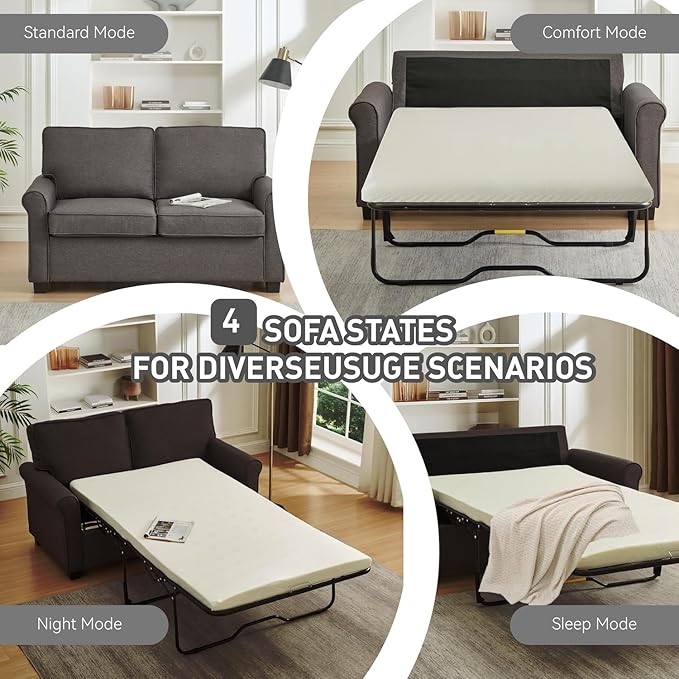 Pull Out Sofa Bed 73+3 with Memory Foam Mattress Bed Frame Linen Two Seat Loveseat 57 2-in-1 Convertible Sleeper CouchNo Assembly Space-Saving for Living Room Office Apartment Grey