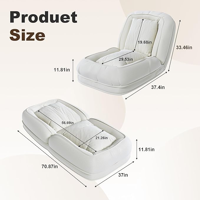 Montary Multifunctional Foldable Lazy Sofa Bed - 5-Position Ergonomic Design with 2 Soft Pillows Shared Lounger for Adults &amp Pets for Living Room Bedroom and Reading Nook (White)