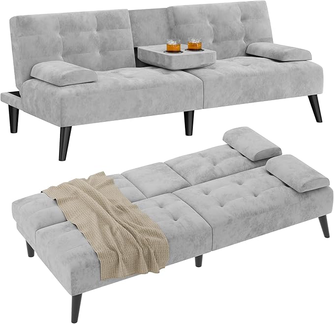 Shintenchi Futon Sofa Bed Velvet Foldable Couch Reclining Sleeper with Removable Armrests Upholstered Loveseat Sofa Couch with Folding Cup Holders for Home Office Light Gray