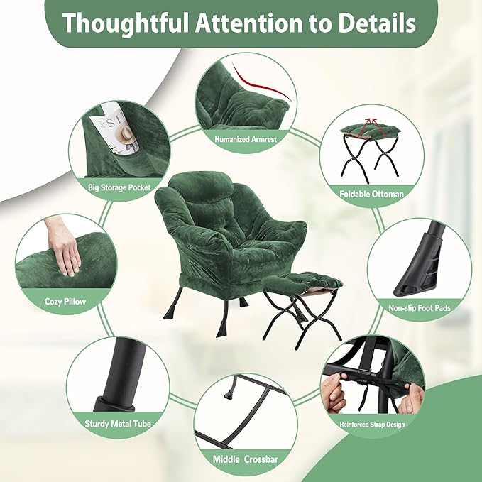 Lazy Chair with Folding Ottoman Accent Chair Plush Upholstered with Metal Structure and Non-Slip Pads Sofa Armchair with Footrest and Side Storage Bag for Dorm Room Office Green