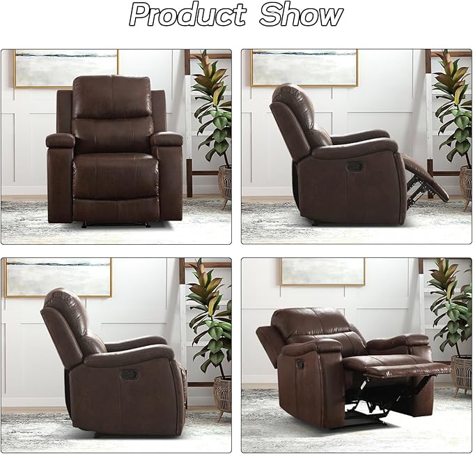 Brown Recliner Chair Single Overstuffed Sofa Recliners Breathable Faux Leather Manual Reclining Chairs with Hidden Cup Holder Arm and Back for Adults Living Room Bedroom Dark Brown