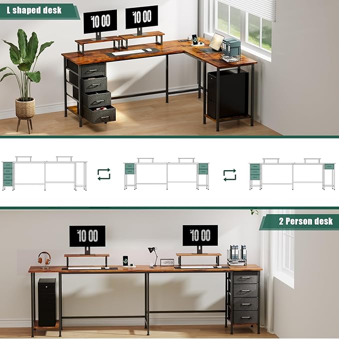 66 L Shaped Computer Desk with Power Outlets Home Office Desk with 4 Adjustable Storage Drawers &amp 2 Monitor Stands Large Two Person Gaming Table for Writing Study Rustic Brown