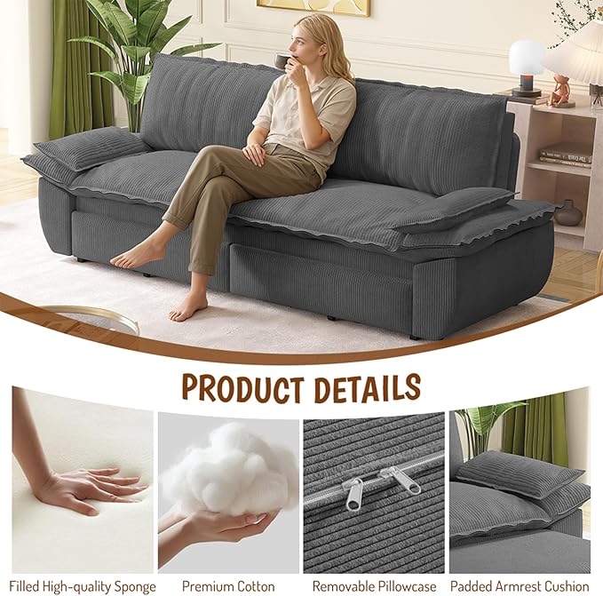 Cilee 73.2 Folding Sofa Bed 3-in-1 Convertible Loveseat Sleeper Sofa Pull Out Futon Sofa Comfy Floor Couch with Storage Pocket &amp 2 Pillows Love Seats Furniture for Living Room Corduroy Gray