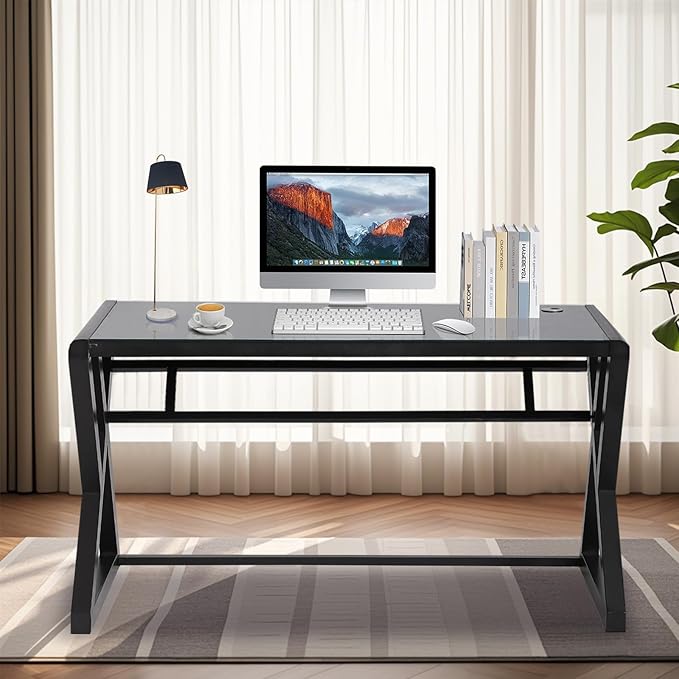 MANBUR Computer Desk Tempered Glass Computer Table Desk with Metal Frame Modern Simple Style Desk 55 in Study Writing Desk Workstation for Home Office (Black)