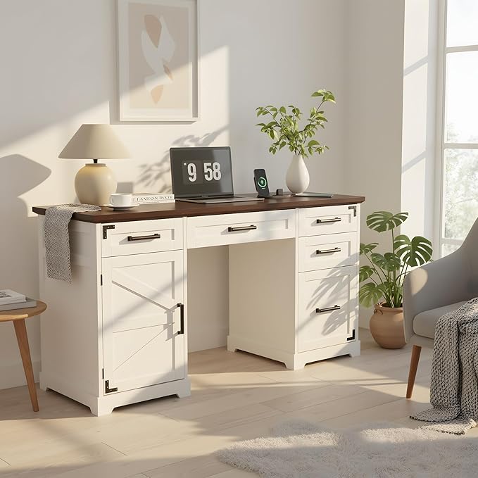 VOWNER 55 Executive Desk Home Office Desk with Drawers and Storage Cabinet Farmhouse Wood Desk Workspace for Work Study Writing Charging Station Letter/A4 File Drawer White