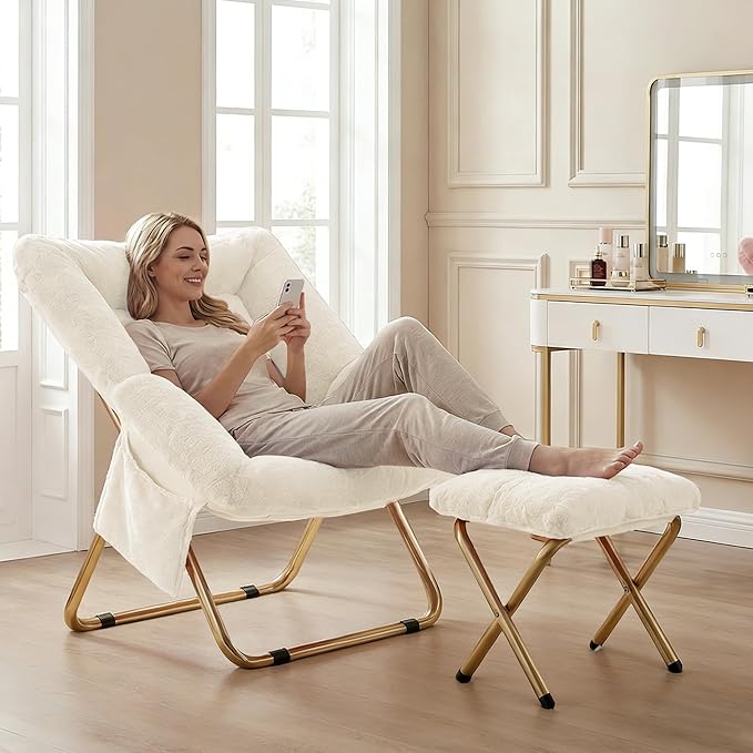 Comfy Saucer Chair for Adults Foldable Living Room Chairs Soft Faux Fur Lounge Chair for Bedroom Reading Chairs X-Large (Ottoman-White)
