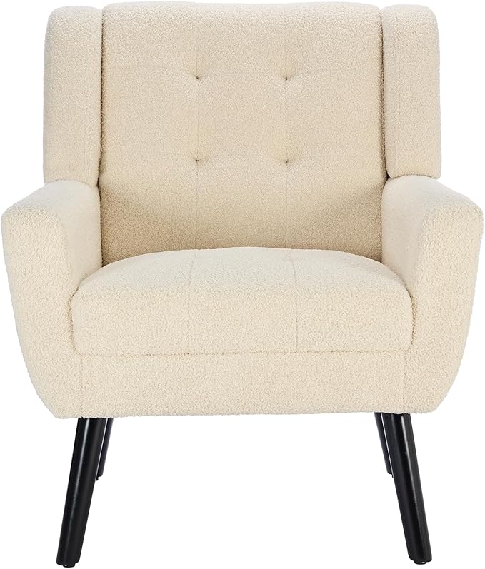 Modern Soft Teddy Material Ergonomics Accent Chair Living Room Chair Bedroom Chair Home Chair with Black Legs for Indoor Home White Teddy Fabric