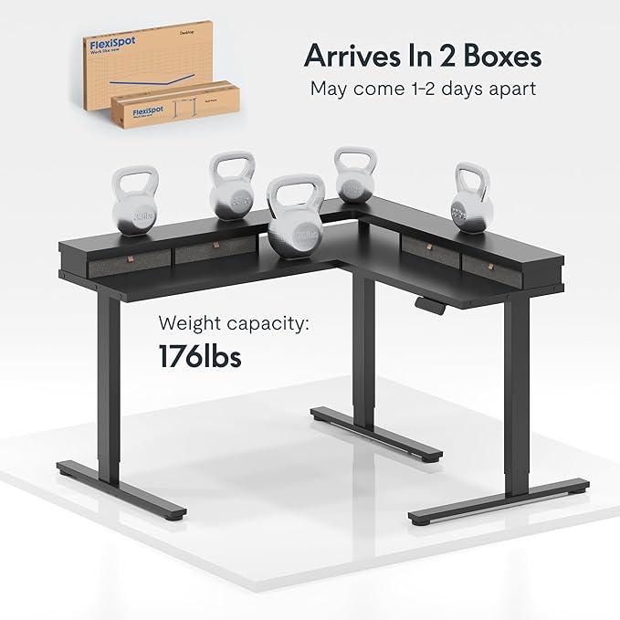 FLEXISPOT 63 L Shaped Standing Desk Electric Corner Table with Monitor Shelf 4 Storage Drawers Adjustable Computer Workstation for Home Office Game Studio Black Top + Black Frame