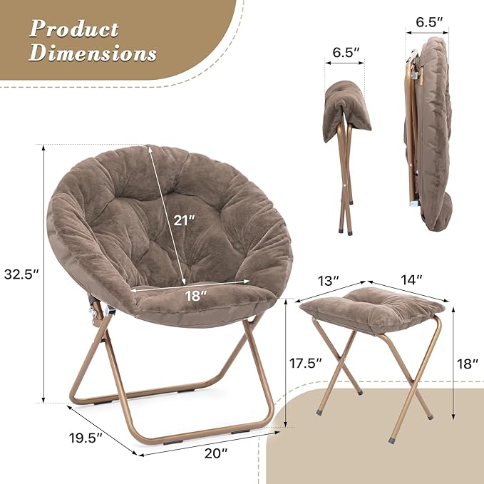 Athena Collection Round Saucer Chair with Ottoman Set for Adults Oversize Comfy Cozy Faux Fur Folding Reading Chair with Metal Leg Lazy Relaxing for Living Room Bedroom Dorm Apartment Beige