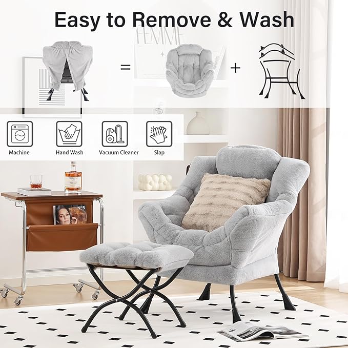 Lazy Chair with Ottoman Large Light Grey Accent Chair with Ottoman and FA Throw Pillow Comfy Plush Reading Chair for Living Room Bedroom Dorm Room Office Apartment Relaxing Use