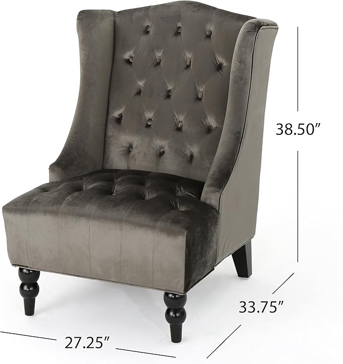 Modern Wingback Accent Chair Tufted Velvet Couch Sofas with High Back Thick Padded Cushioned Seats for Living Room Victorian Style Grey