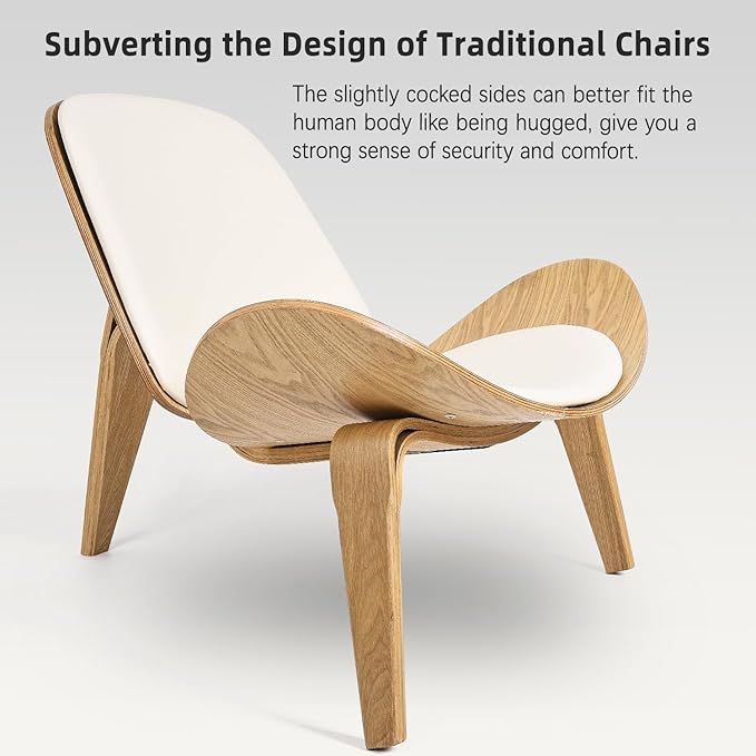 Hans Wegner Style Chair Simple and Modern Leather Shell Chairs with Padded Seat Ergonomic Three-Legged Shell Lounge Chair for Living Room Bedroom Office Space