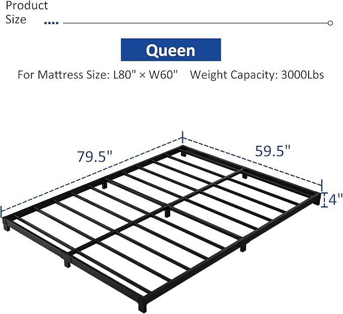 4 Inch Queen Bed Frame Heavy Duty Metal Platform Low Bed Frame Queen Size No Box Spring Needed Noise Free Easy Assembly Black