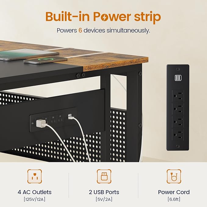 71 in Executive Desk with Power Outlets Reversible L Shaped Desk with File Drawers &amp Storage Shelves Large Office Desk Computer Desk with Pegboard Mobile CPU Stand Modern Corner Desk