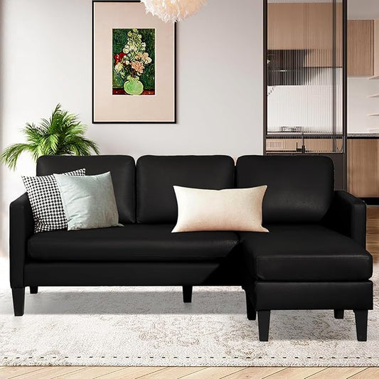 Leather L-Shaped Faux Leather Sofa Couch - Convertible Sectional Sofa - 3 Seat Couch with Chaise - Black