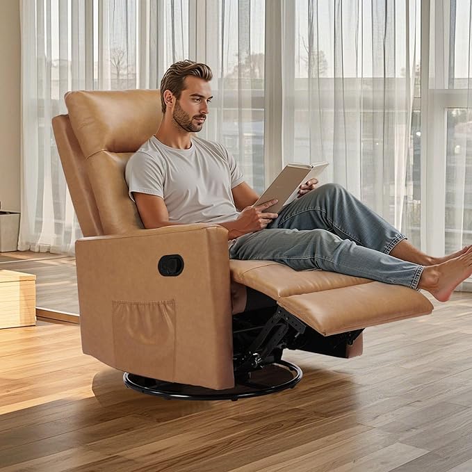 Sweetcrispy Recliner Chair 360 Swivel Rocker Chair for Adults Glider Rocker Recliners Nursery Chairs for Living Room High Back Upholstered Deep Seat Classical Brown