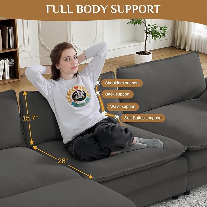 162.6 U Shaped Sectional Cloud Couch Oversized Comfy Grey Sectional Couches for Living Room Modular Couch Large Velvet Cloud Sofa with Console Bluetooth Speaker USB Ports Dark Grey