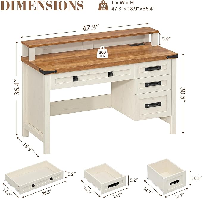 Farmhouse Executive Desk with Drawers 47 Computer Desk with Power Outlets Home Office Desk with Monitor Stand &amp 4 Drawers Small Desk Writing Study Table Antique White