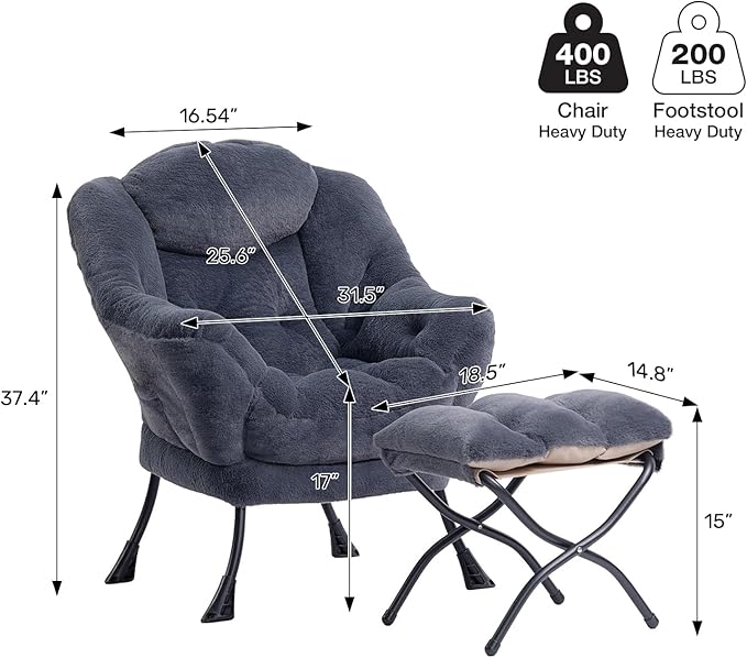 HollyHOME Lazy Chair with Foldable Ottoman Accent Comfy Lounge Armchair and Folding Footrest Stool Leisure Sofa Reading Chair and Footstool for Living Room Bedroom DormFaux Fur Navy Blue