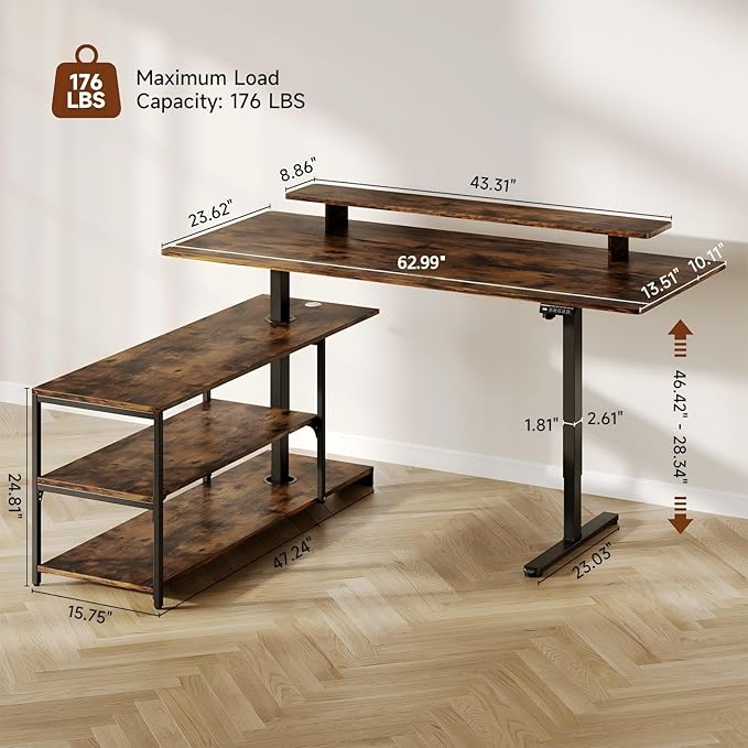 Standing Desk with File Cabinet 63x24'' L Shaped Electric Stand Up Desk with Adjustable Monitor Shelf Adjustable Height 28-46'' for Home and Computer Workstation Rustic Brown