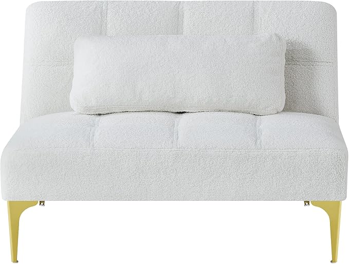 35.5 Modern Convertible Futon Sofa with Adjustable Backrest Teddy Upholstered Chaise Lounge with Tufted Design Comfy Couch Bed with Gold Metal Legs for Living Room Bedroom Apartment White Teddy