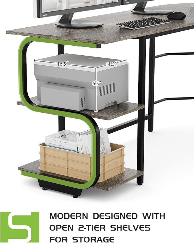 Teraves Reversible L Shaped Desk with Large Surface 61 Inch Sturdy Corner Desk with Storage Shelves Premium Office Computer Desk Workstation for Home Office Gaming