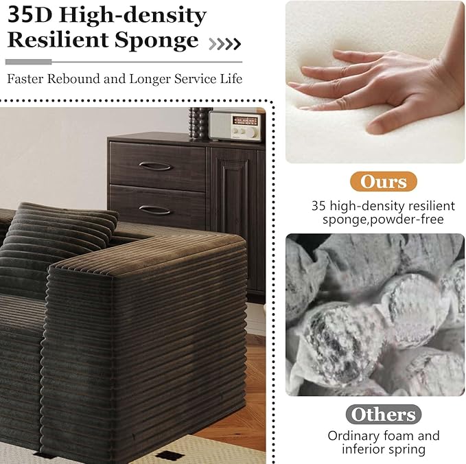 78” Cloud Loveseat Sofa with 2 Cushions Boneless Couches for Living Room Bedroom Small Space Corduroy Sofa in a Box Compressed Memory Foam No Assembly (Grey 78” L-Shaped)