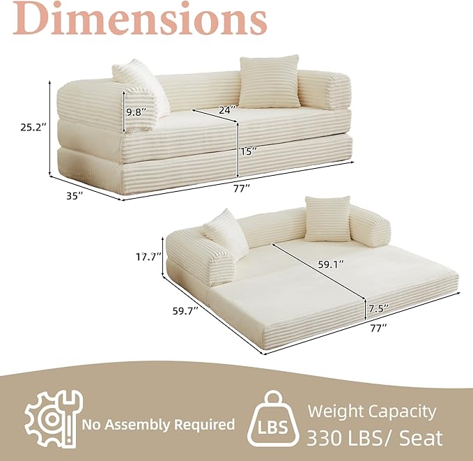 78 Inch Convertible Futon Sofa BedFolding Boneless Couch with Sleeper SofaFold Out Floor Sofa Couch with Deep SeatCloud Corduroy Foldable Mattress Couches for Living Room(Off White)