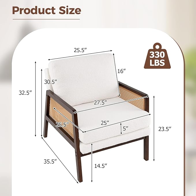 Giantex Mid Century Modern Accent Chair Set of 2 Boho Boucle Living Room Arm Chair w/Rattan Arms Wooden Frame Thick Cushion Pillow Sherpa Reading Side Chair for Bedroom Balcony Brown + Beige