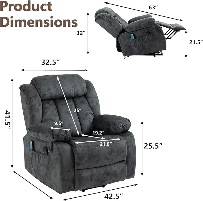 Power Lift Recliner Chair for Elderly Electric Recliner Chair with Massage and Heat Lift Recliner with Side Pocket &amp USB Charge Port for Living Room (Blue)