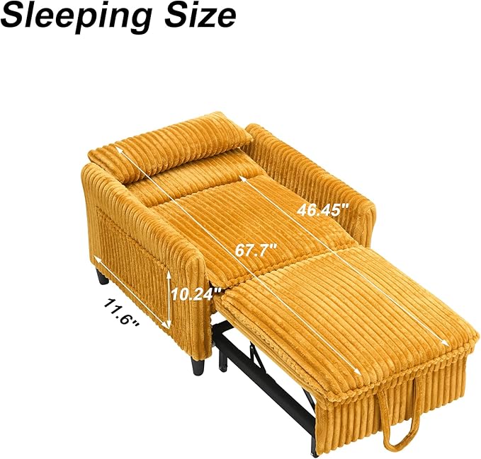 3-in-1 Convertible Sofa Chair BedPull Out Couch Single Sleeper Chair Bedwith Adjustable Backrest with Side Pockets Lounge Sofa for Living Room Bedroom Small Spaces (Yellow)