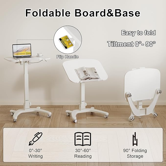 BONTEC Mobile Foldable Standing Desk Portable Adjustable Height Desk with Gas Spring Small Rolling Laptop Desk with Wheels for Home Office Bedroom and Medical Use 25.6 x 19.7 Desktop White